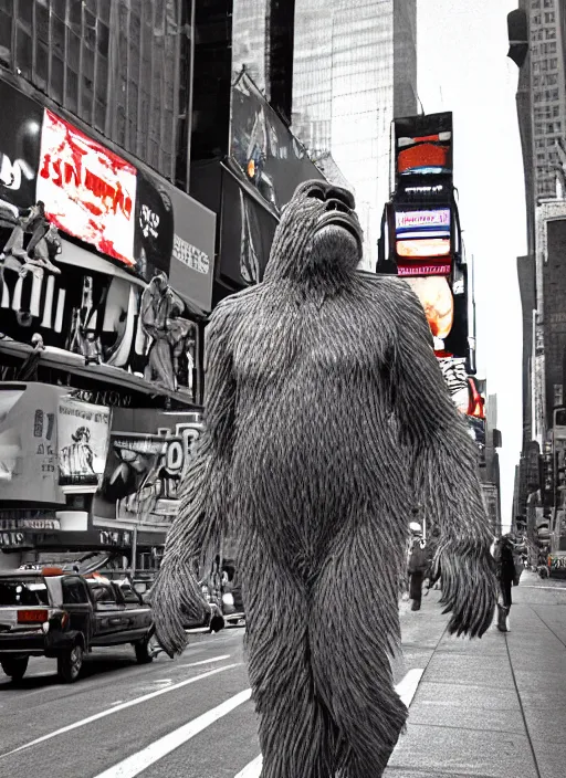 Prompt: photorealistic photograph of bigfoot in times square, 3 5 mm film, fuji, leica s, bigfoot, nyc, in the style of fashion photography, intricate, golden hour sunlight, kodachrome