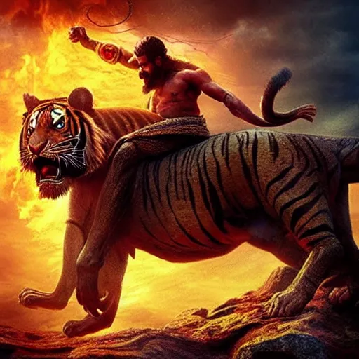 Image similar to “an 8k uhd photorealistic picture of Bahubali fighting a demon tiger at the gates of hell”