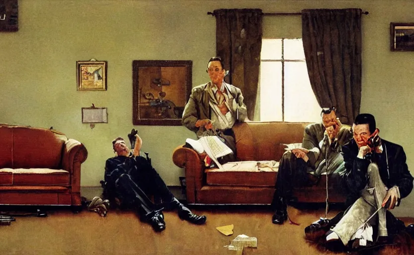 Image similar to a lone thin man screams at a telephone beside a sofa in a dark living room, painted by rick berry and norman rockwell, highly detailed