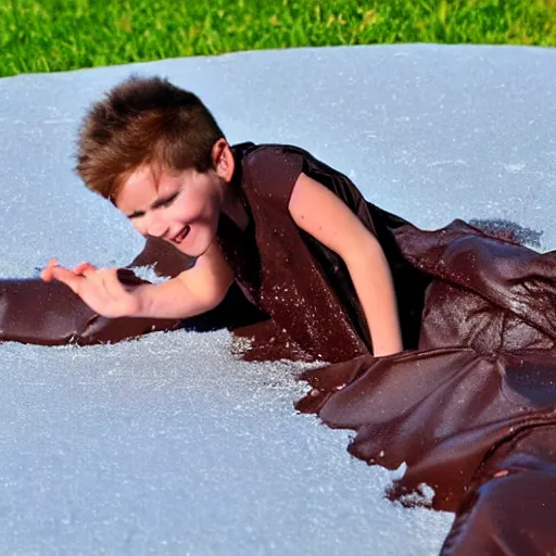 Image similar to kid going down chocolate pudding slip n slide head first, photo taken at the park