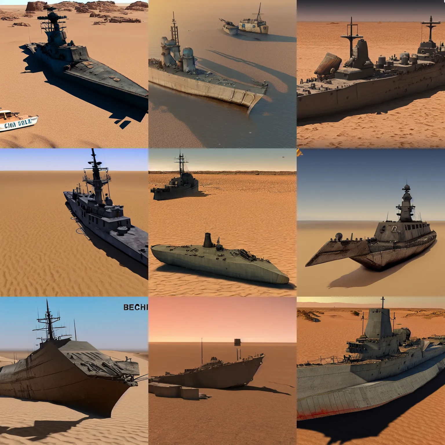 Prompt: A WW2 battleship, beached in the Sahara desert, Unreal Engine 5