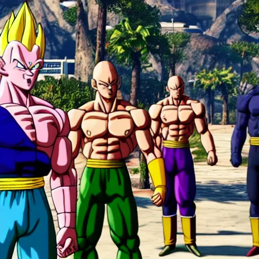 Prompt: Screenshot of Vegeta, Frieza, Cell, Majin Buu and Broly in the game GTA V, highly detailed