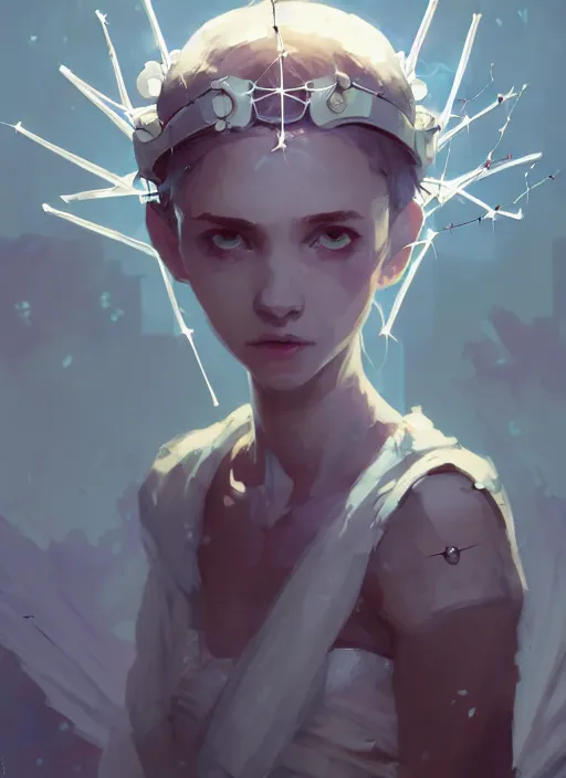 Prompt: portrait of cute angel maiden girl with crown of thorns and white short hairs, warhammer, cyberpunk, by atey ghailan, by greg rutkowski, by greg tocchini, by james gilleard, by joe gb fenton, by kaethe butcher, dynamic lighting, gradient light blue, brown, blonde cream and white color in scheme, grunge aesthetic