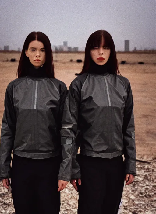 Prompt: cinestill 5 0 d photographic portrait of two clones, techwear women on a desolate plain, a brutalist metal building in the background, depth of field, 4 k, 8 k, hd, full color