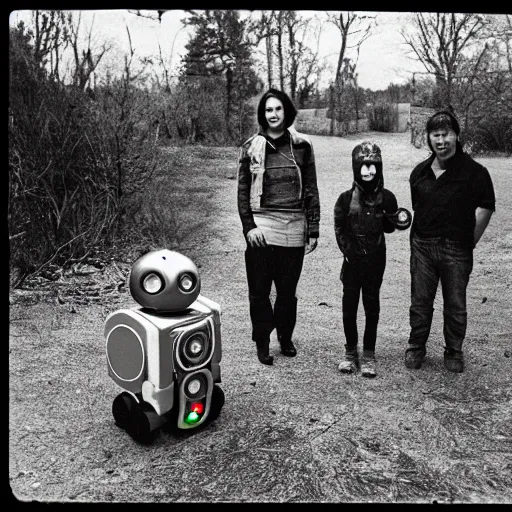 Image similar to the most creepy family photo of robots, 35mm lens, post apocalyptic, a dumping ground