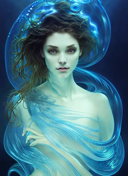 Image similar to an underwater photographic beauty portrait of an anthropomorphic bioluminescent liquid wave, dramatic murky volumetric lighting, fantasy, intricate, elegant, highly detailed, digital painting, artstation, concept art, smooth, sharp focus, illustration, art by artgerm and h r giger and alphonse mucha