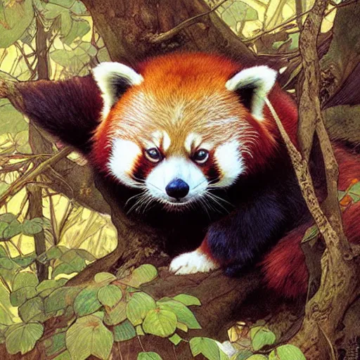 Prompt: cute red panda in a tree, digital art, hyperrealistic, greg rutkowski, alphonse mucha, beautiful