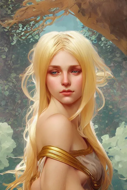 Prompt: a beautiful blond goddess girl, fantasy, portrait, sharp focus, intricate, elegant, digital painting, artstation, matte, highly detailed, concept art, illustration, ambient lighting, art by ilya kuvshinov, artgerm, Alphonse mucha, and Greg Rutkowski