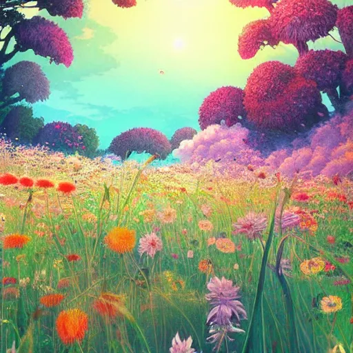 Prompt: a beautiful painting of a studio ghibli scene in a field of flowers by android jones, studio ghibli art, color gradient shading