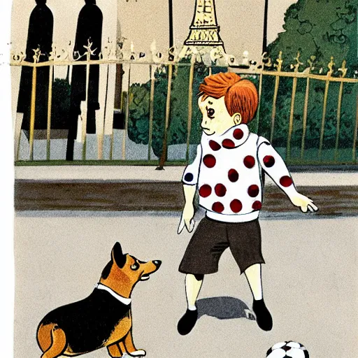 Image similar to book illustration of a french boy on the streets of paris playing football against a corgi, the dog is wearing a polka dot scarf, 1 9 6 6