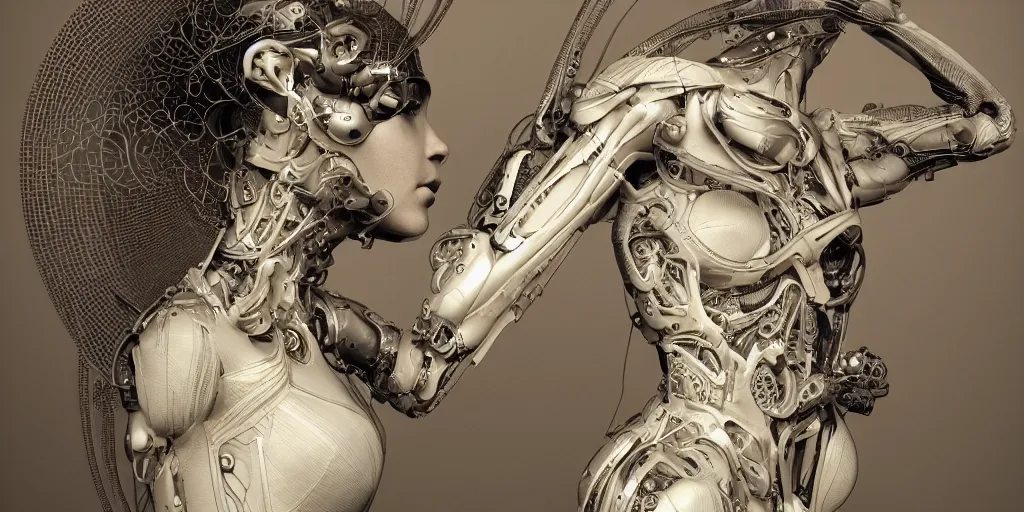 Image similar to realistic photography of a female cyborg humanoid, back arched, grasping, highly detailed intricate filigree, in the style of beth cavener, jin kagetsu, wlop,, symmetry, masterpiece, concept art, ringflash, highkey lighting, ambient lighting, softbox key light, octane render, 8 k, artstation