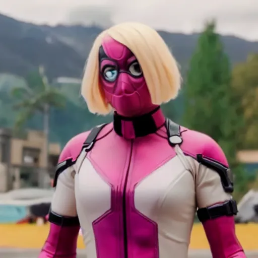 Image similar to A still of Gwenpool in Deadpool 3 (2023), blonde hair with pink highlights, no mask, light-pink costume