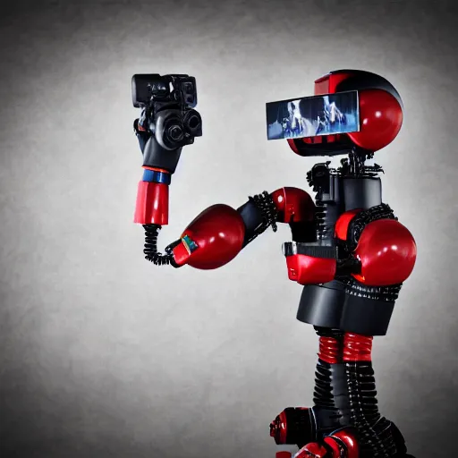 Image similar to bloody fight between robot and photographer, robot win, realistic, detailed,