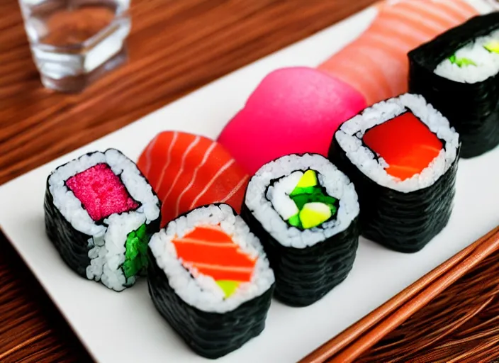 Image similar to dslr food photograph of candy sushi, 8 5 mm f 1. 8