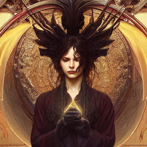 Image similar to a beautiful cd album cover of a satanic sorcerer taming a dragon, intricate, sharp focus, illustration, highly detailed, digital painting, concept art, matte, art by WLOP and Artgerm and Greg Rutkowski and Alphonse Mucha, masterpiece