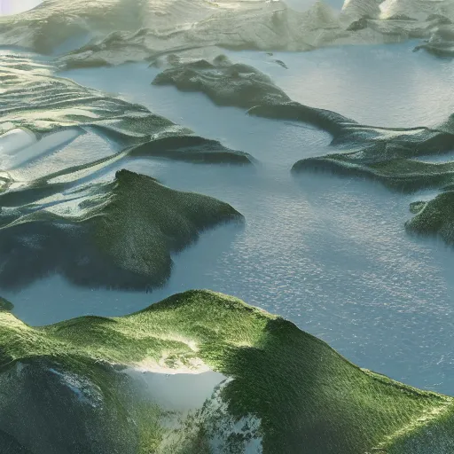 Image similar to majestic landscape, realistic, atmospheric, tilt shift, aerial photo, 8 k, octane render, unreal engine, lumion