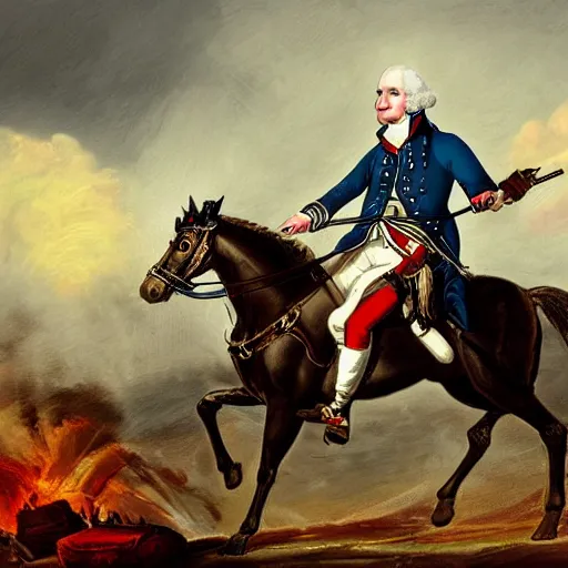 Image similar to George Washington rides a motorcycle to attack the British army in the revolutionary war, epic, cinematic, concept Art, detailed, 4K