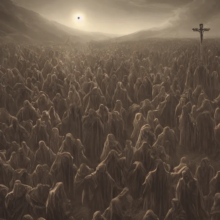 Prompt: A Holy Week procession of souls in a Spanish landscape at night. A figure at the front holds a cross, trending on artstation, highly detailed, 50mm, by Noah Bradley, Gerald Brom y Zdzisław Beksiński.