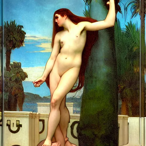 Image similar to Demonic girl at the giant column, thunderstorm, greek pool, beach and palm trees on the background major arcana sky, by paul delaroche, alphonse mucha and arnold böcklin arnold böcklin hyperrealistic 8k, very detailed