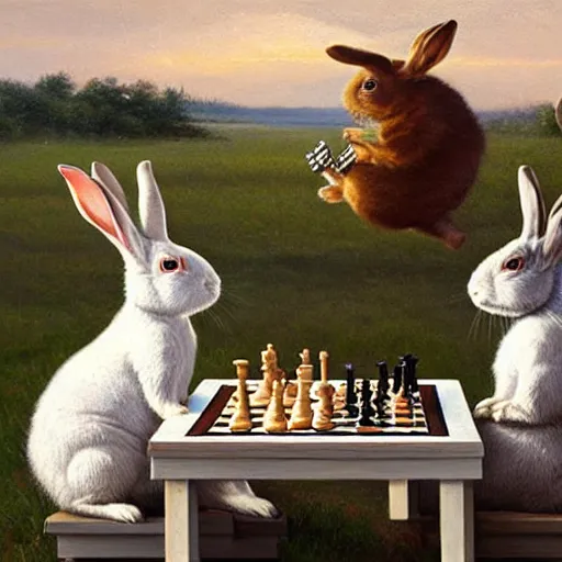 Prompt: rabbits smoking pipes and playing chess. Painting of rabbits in sweaters by James Gurney.