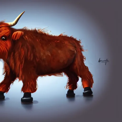 Image similar to a highland cow wearing roller skates, concept art, artstation, cinematic