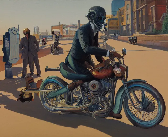 Prompt: a very detailed painting of a man wearing a suit, his head is a skull, riding a motorbike down a street, harley davidson motorbike, worm's - eye view, very fine brush strokes, very aesthetic, very futuristic, in the style of edward hopper and grant wood and syd mead, 4 k,