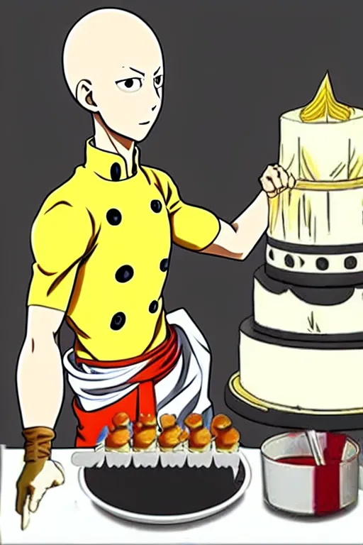 Image similar to chef saitama one punch man, dressed as a pastry chef, making a cake, anime artwork