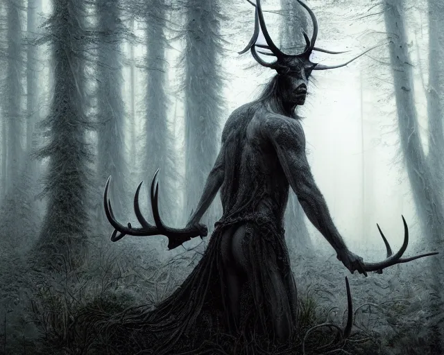 Image similar to 5 5 mm portrait photo of a man with pitch black skin, white eyes, and long antlers in a magical forest. magical atmosphere. art by greg rutkowski and luis royo. highly detailed 8 k. intricate. lifelike. soft light. nikon d 8 5 0.