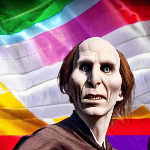 Prompt: ! dream harry potter with voldemort, pride flag in background, full picture