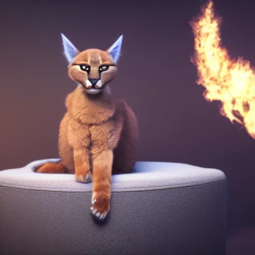 Image similar to wide-angle photo of fluffy cute caracal sitting on a stool in a room, flames of fire at background, octane render, 3d, 8k, hd, studio light