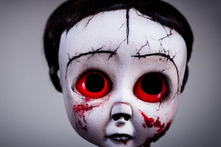 Prompt: a killer doll with human eyes staring out at the viewer