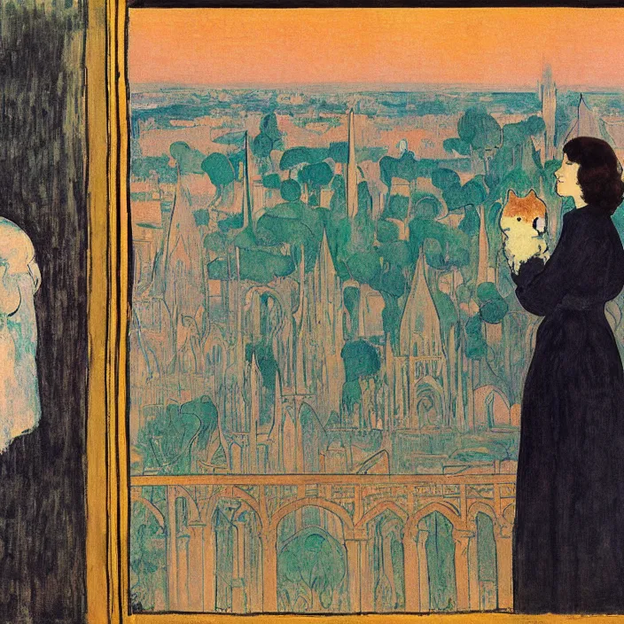 Image similar to portrait of sad woman and persian cat with city with gothic cathedral and tall trees seen from a window frame with curtains. sunset. mikalojus konstantinas ciurlionis, henri de toulouse - lautrec, utamaro, matisse, monet