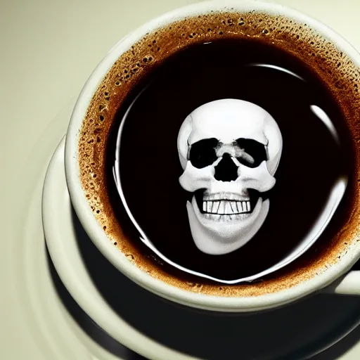 Prompt: a skull floating inside a cup full of coffee, fantasy render, horror, Unreal engine 5, trending on artstation