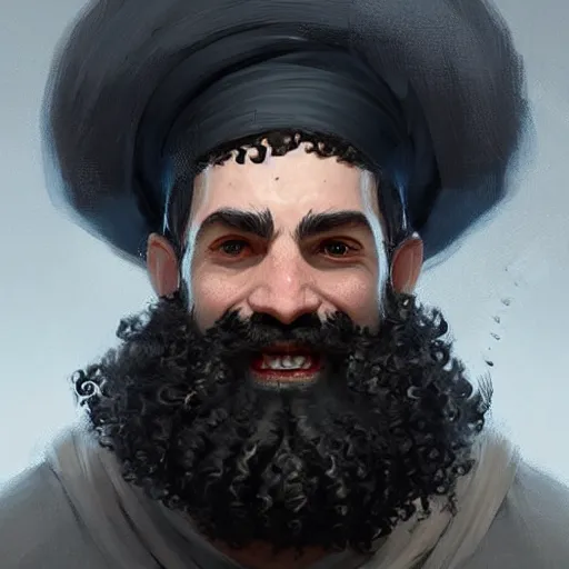 Image similar to a happy merchant jew wearing kippah!!!, evil, tricky, black curly beard, black curly hair, black eyes, hooked nose, by greg rutkowski, artstation, by artgerm, by wlop