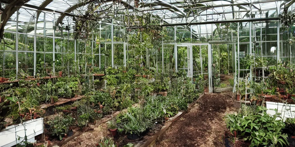 Image similar to interior of experimental greenhouse, novel plants created by the plant wizard luther burbank.