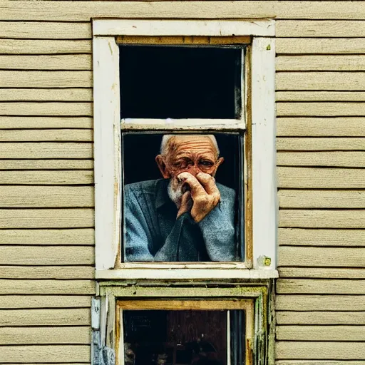 Prompt: a faceless old man seen through a window