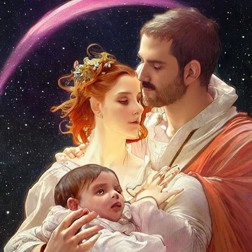 Image similar to great father of the family, his starry cloak, hugging his beautiful wife, and little glowing baby in her arms. beautiful painting by artgerm and greg rutkowski and alphonse mucha