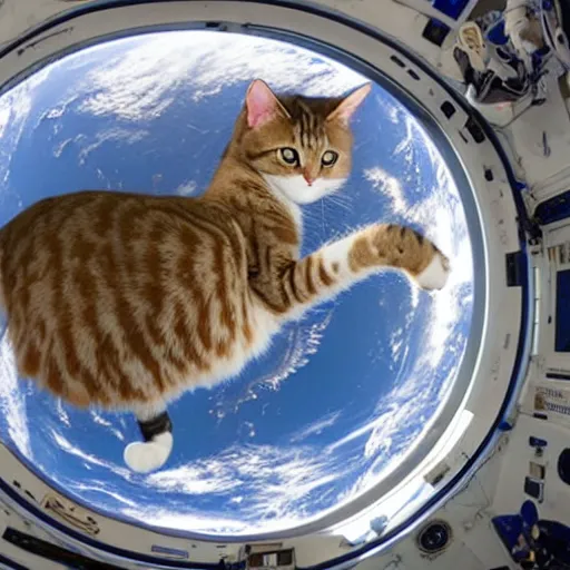 Image similar to Photo of a cat floating inside the International Space Station, realistic award-winning