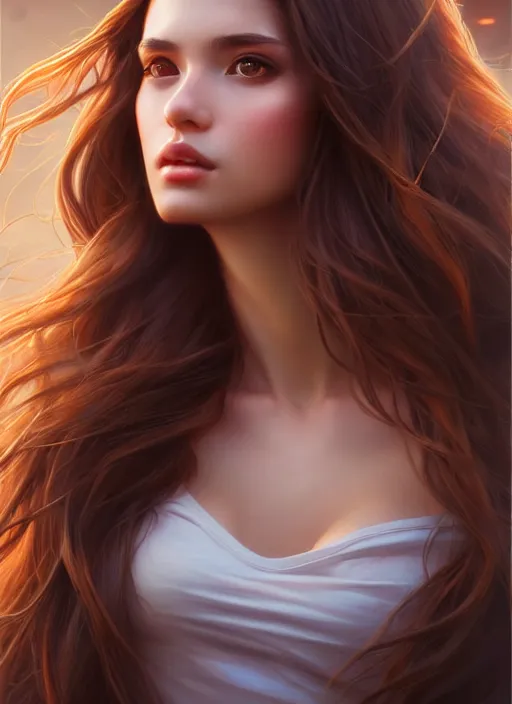 Image similar to a gorgeous female with long brown hair in the style of stefan kostic, realistic, full body shot, wide angle, sharp focus, 8 k high definition, insanely detailed, intricate, elegant, art by stanley lau and artgerm, floating embers