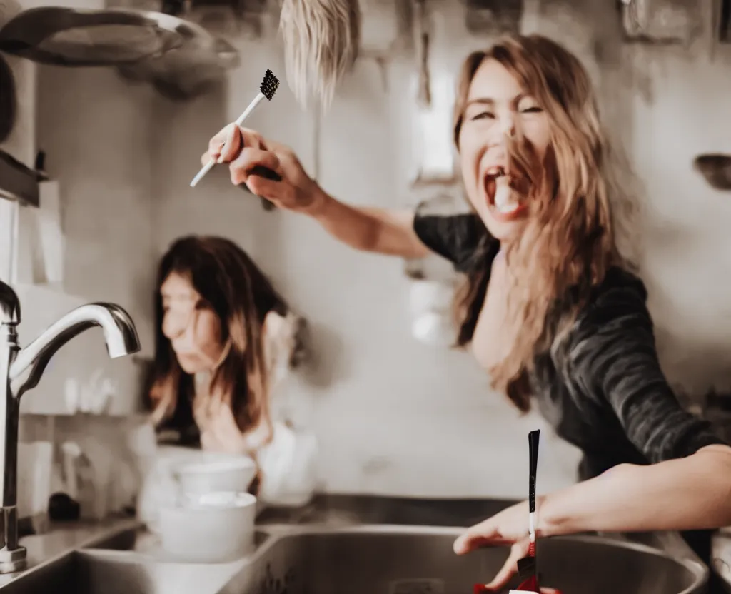 Image similar to first person point of view of a woman holding a tooth brush in front of kitchen sink