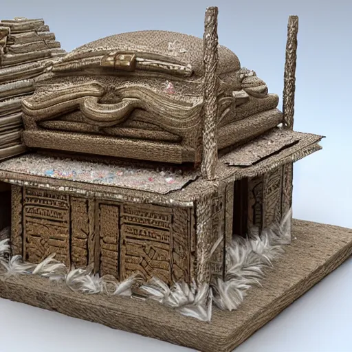 Image similar to egyptian art of a chalet made of crystals and feathers 8K 3D and hyperrealistic