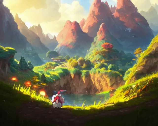 Image similar to pokemon sword and shield ghibli landscape illustration close floral clearing and mountains in the background, deep focus, d & d, fantasy, intricate, elegant, highly detailed, digital painting, artstation, concept art, matte, sharp focus, illustration, hearthstone, art by fire watch game and greg rutkowski, no characters