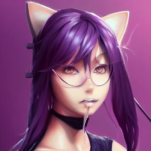 Prompt: anime girl, hourglass slim figure, purple hair and attractive features, cat ears, black tank top, highly detailed, digital painting, artstation, concept art, sharp focus, illustration, art by artgerm and greg rutkowski