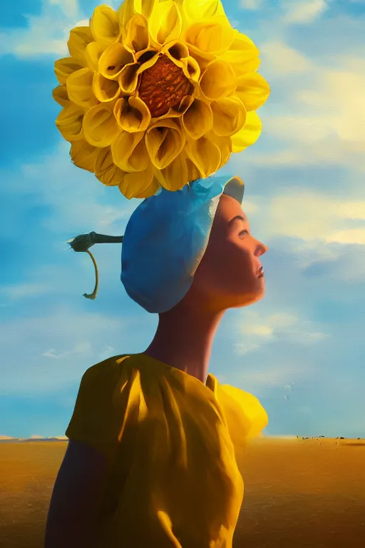 Image similar to closeup girl with huge yellow dahlia flower head, on beach, surreal photography, blue sky, sunrise, dramatic light, impressionist painting, digital painting, artstation, simon stalenhag