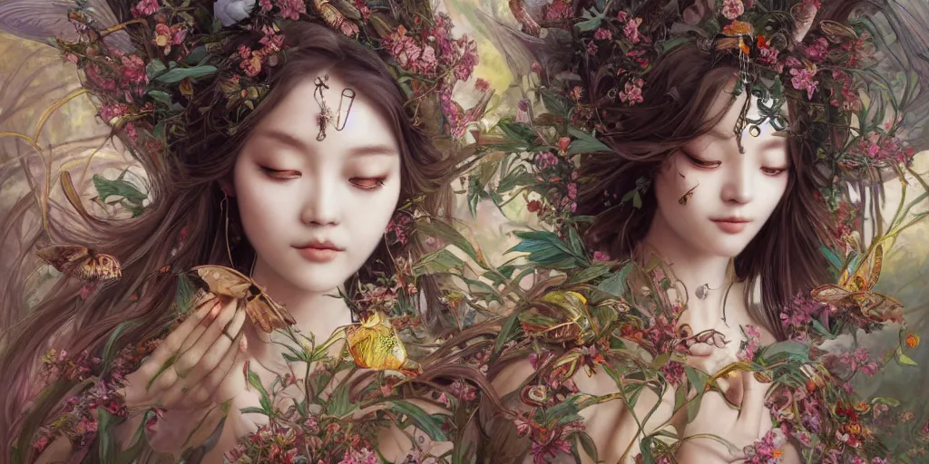 Prompt: breathtaking detailed concept art painting of the goddess of moth, orthodox saint, with anxious, piercing eyes, ornate background, amalgamation of leaves and flowers, by Hsiao-Ron Cheng, James jean, Miho Hirano, Hayao Miyazaki, extremely moody lighting, 8K