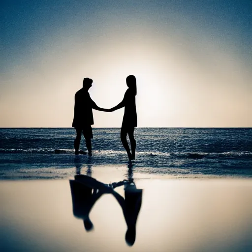 Prompt: silhouette of a couple hugging standing on a beach, blurred behind frosted glass, abstract, blue tint, 4k, photorealistic