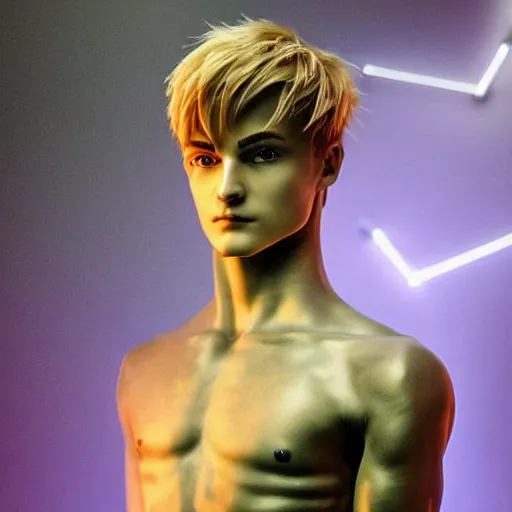 Image similar to “a realistic detailed photo of a guy who is an attractive humanoid who is half robot and half humanoid, who is a male android, twitch streamer Ninja Tyler Blevins, shiny skin, posing like a statue, blank stare, bedroom, close up”