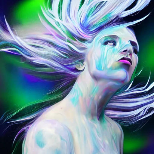 Prompt: glitch art humanoid with flowing hair floating in white space, long shot photography, full body, detailed hyperrealistic concept art illustration, smeared acrylic paint