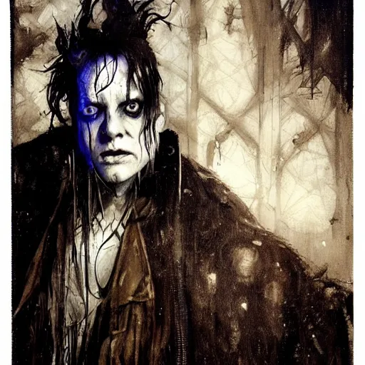 Image similar to gaunt ( the cure fan ) as dream from sandman, dim stars as eyes, by jeremy mann, by cedric peyravernay, by ben templesmith, by dave mckean and richard avedon, dramatic lightning, sadness, dark eye sockets, in the shadows, punk rock, gothic, high detailed, 8 k