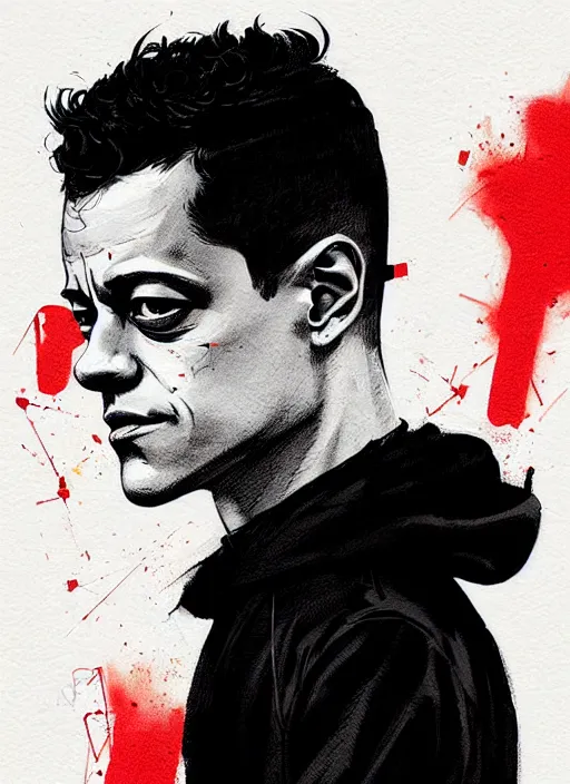 Image similar to highly detailed closeup portrait of rami malek, elliot alderson, black hoody by atey ghailan, by greg rutkowski, by greg tocchini, by james gilleard, by joe fenton, by kaethe butcher, gradient red, black and white color scheme, grunge aesthetic!!! ( ( graffiti tag wall background ) )